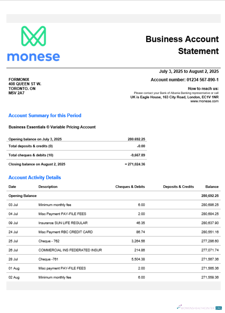 Download United Kingdom Monese firm account statement Word and PDF template Photoshop template